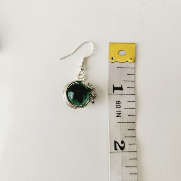 Green Natural Jade Stone Earrings, Silver Plated Wire Wrapped Earrings - Picture 10 of 12